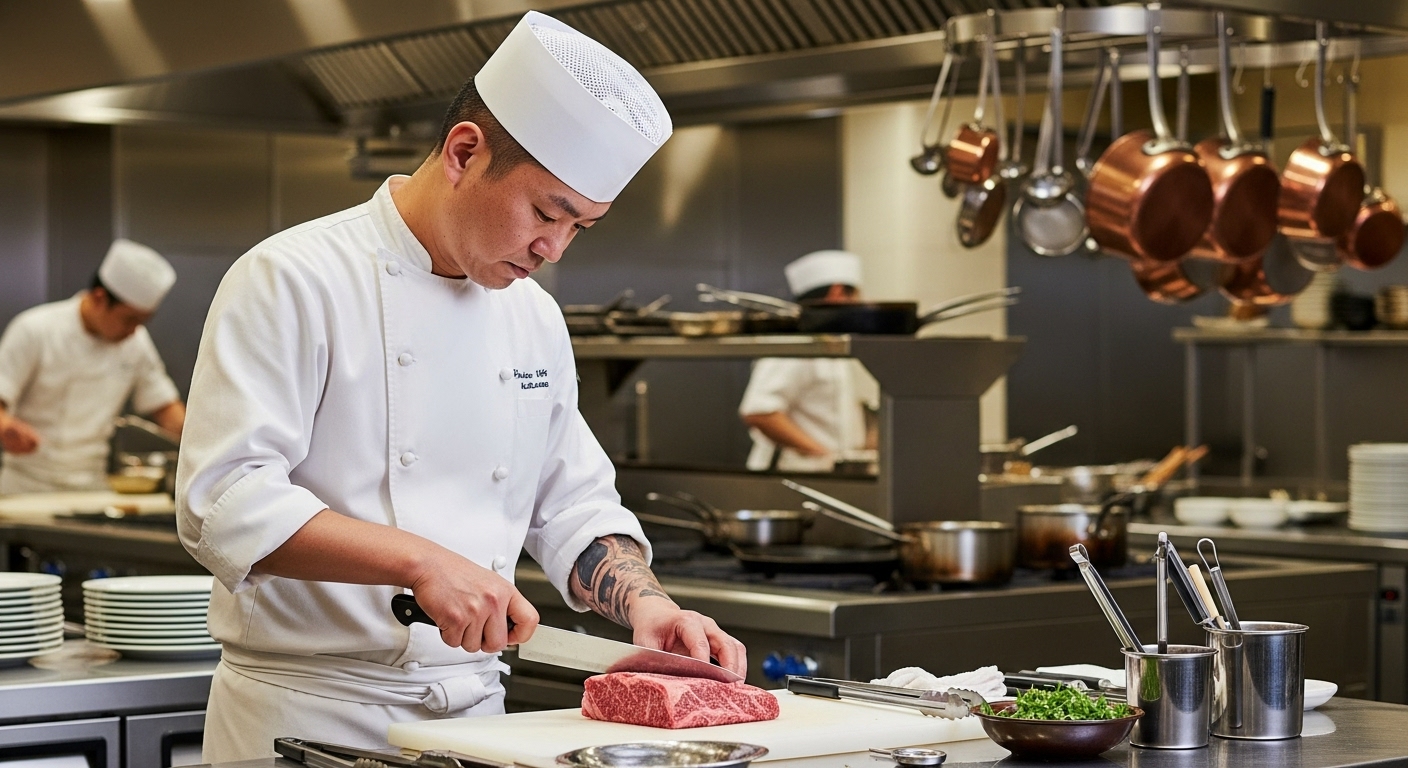 肉を切るシェフ