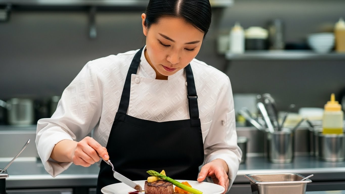 盛り付けるシェフ