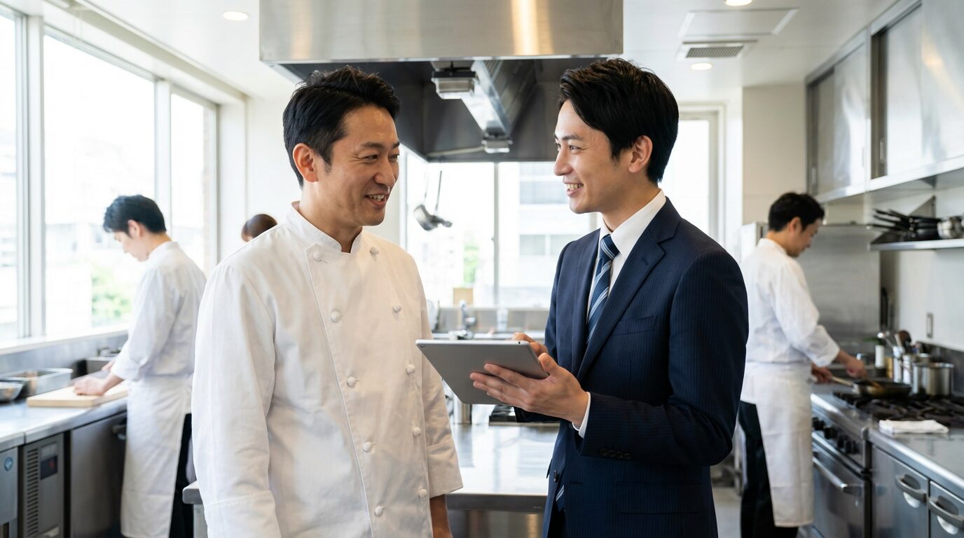 厨房で打ち合わせをする飲食店マネージャーとシェフ