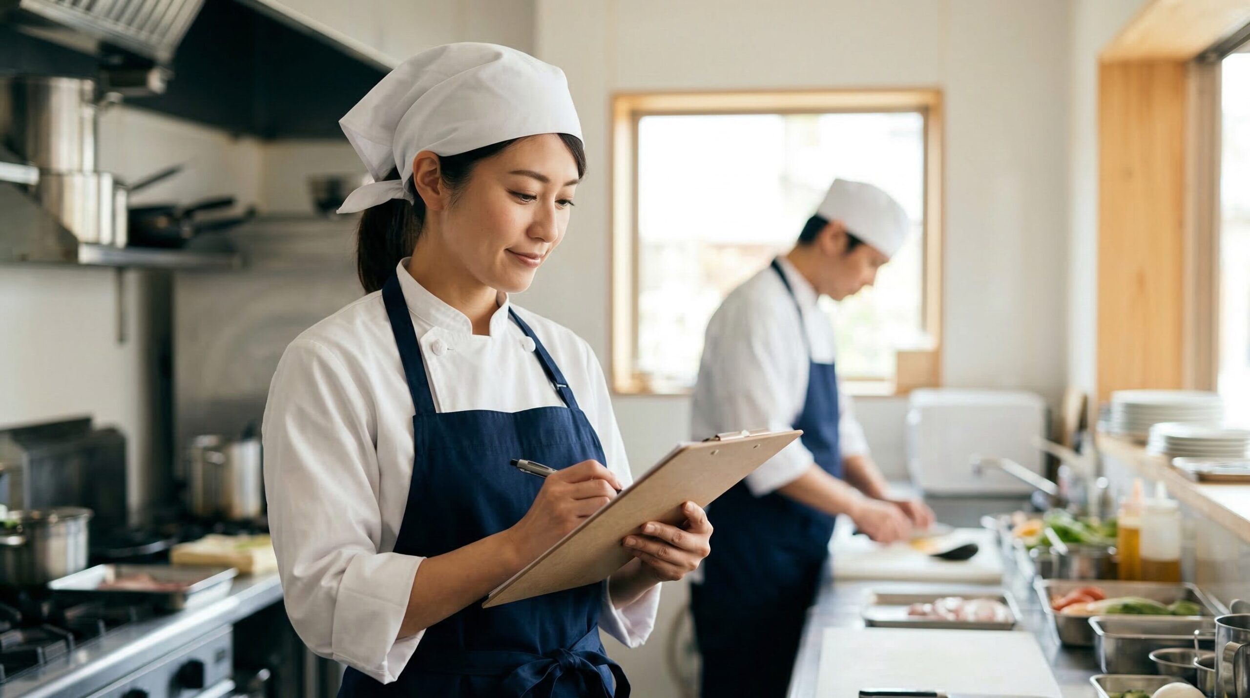 厨房で作業する女性シェフ