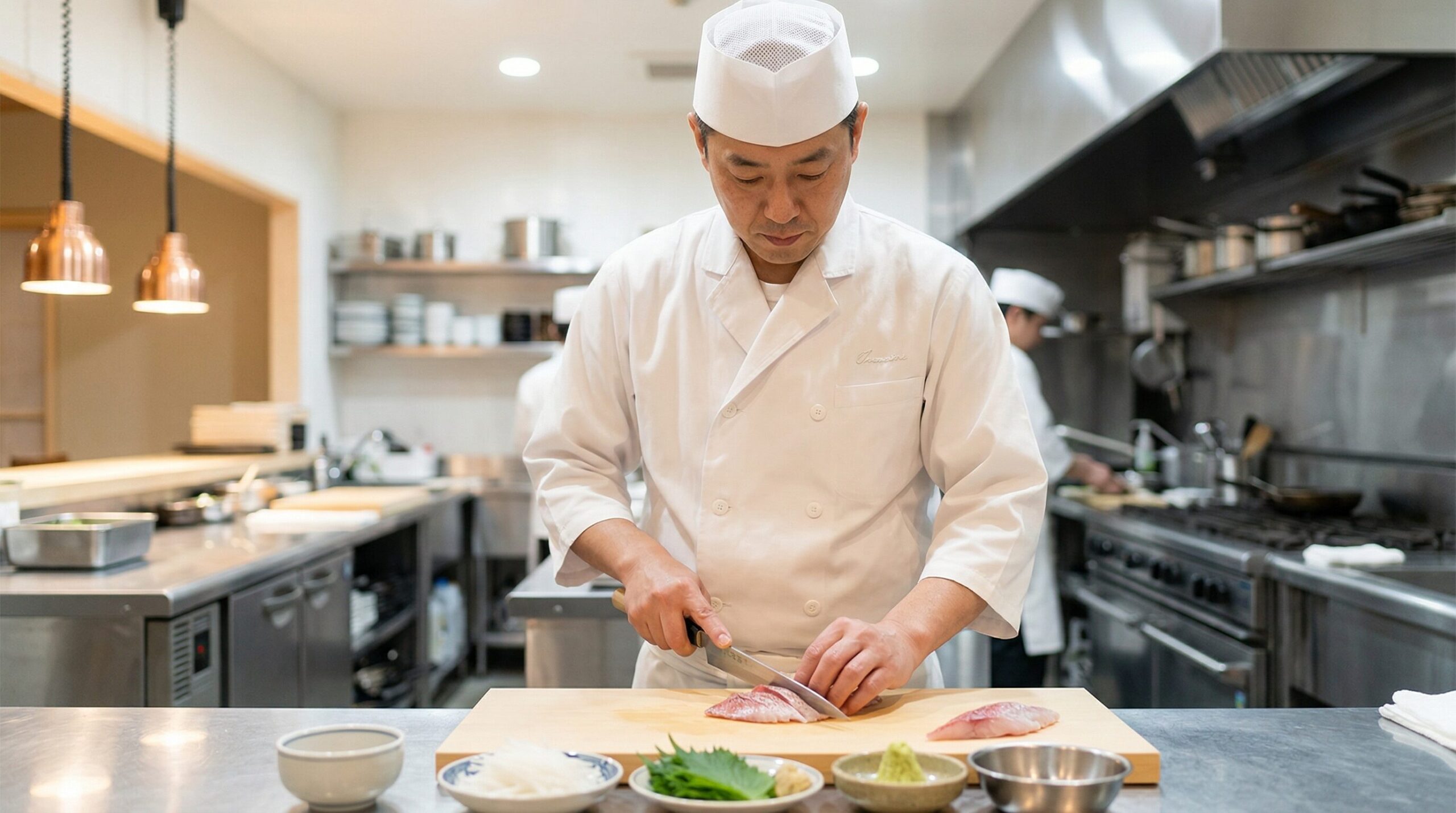 刺身を調理するシェフ