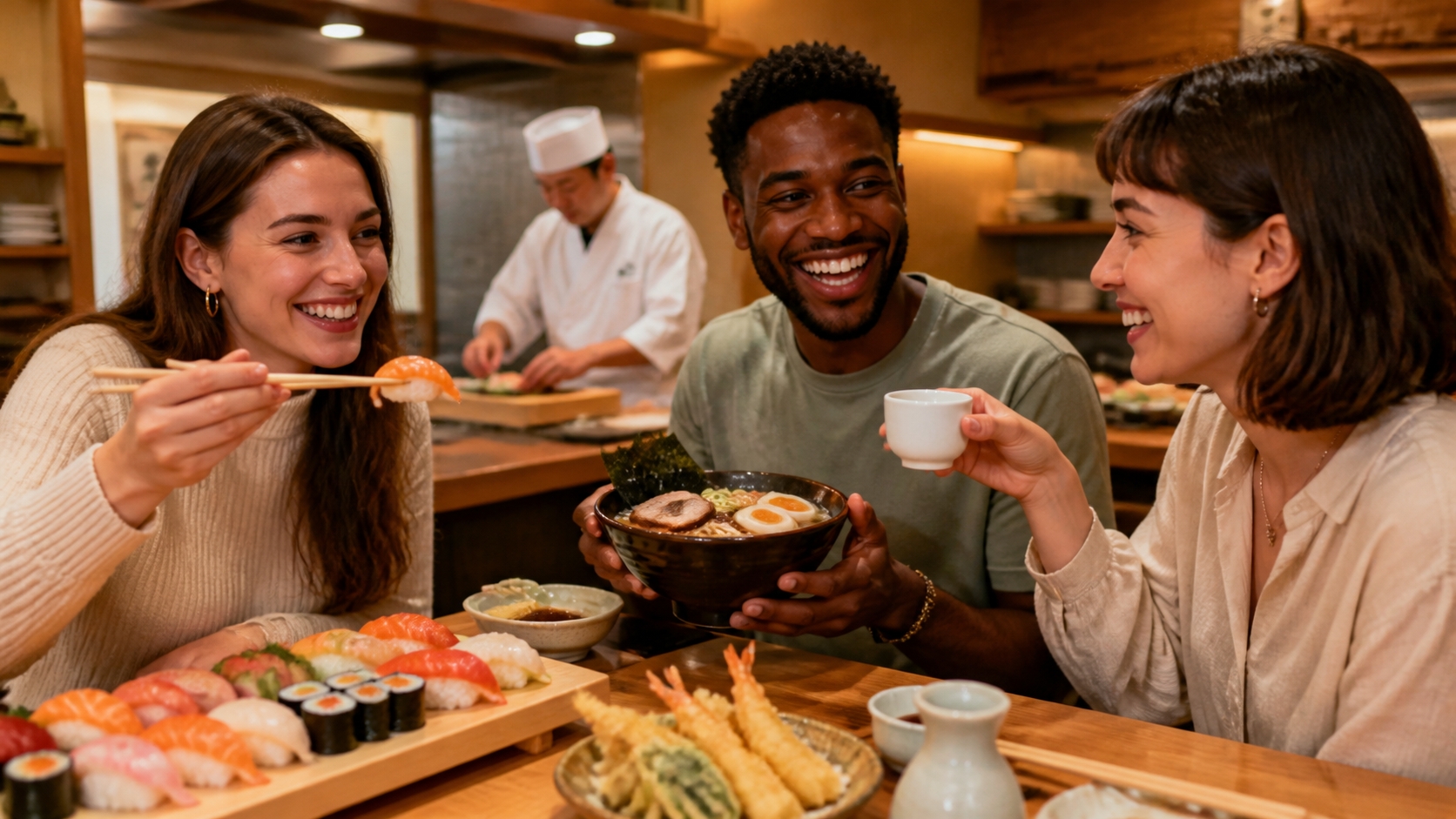 日本料理を楽しむ外国人観光客