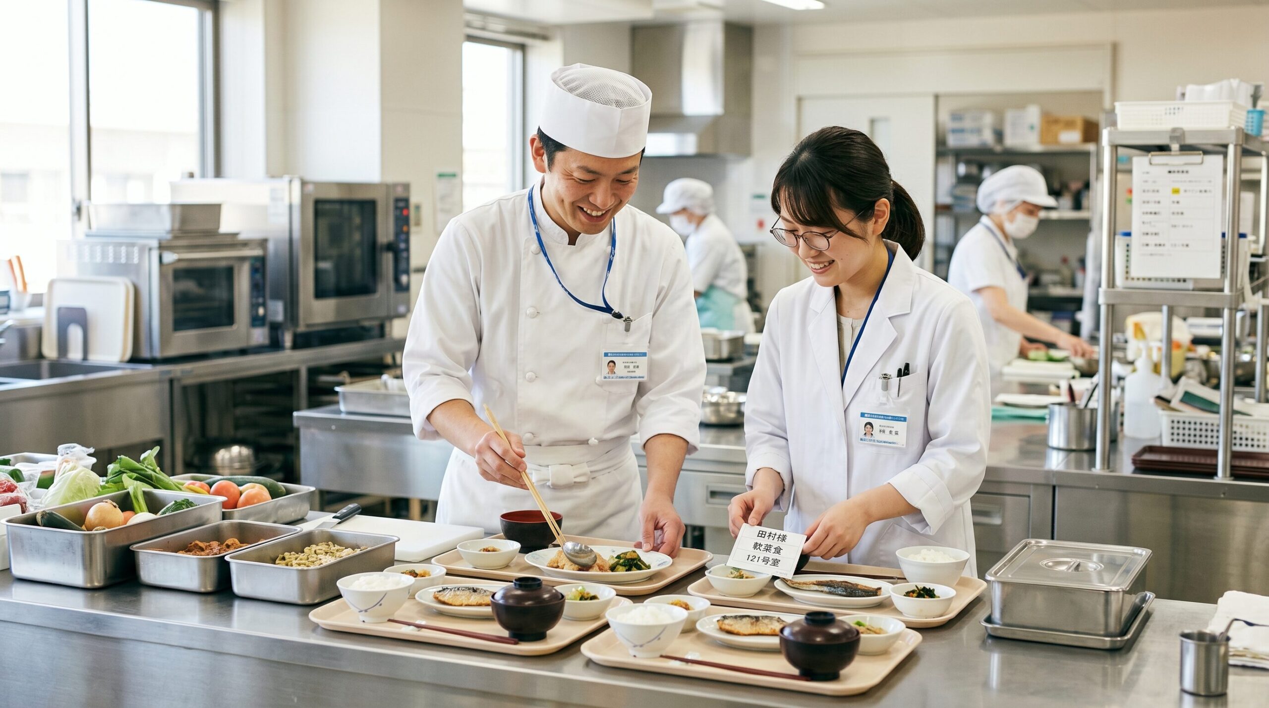 病院給食の料理人と話すマネージャー