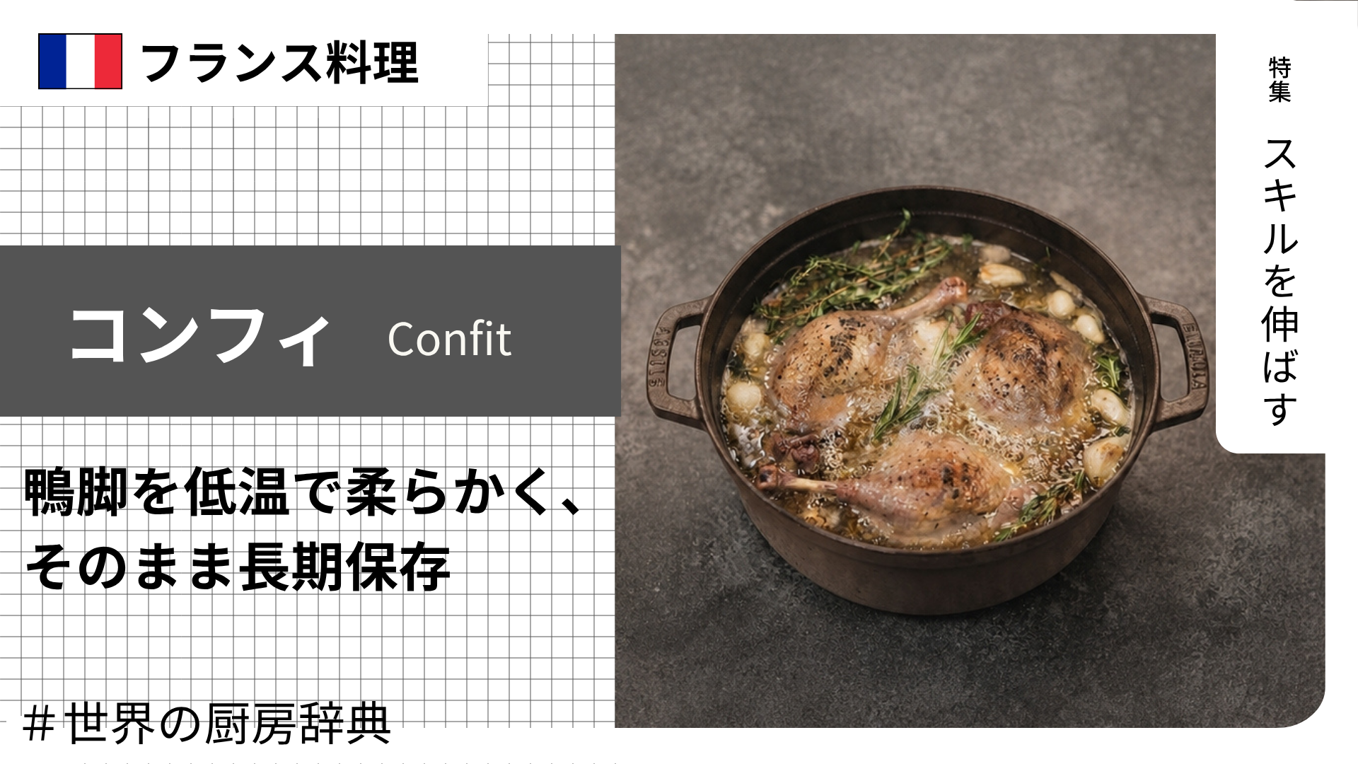 【調理用語 フランス料理】「コンフィ」— 脂で煮て脂に漬ける。鴨脚を低温で柔らかく、そのまま長期保存する調理法